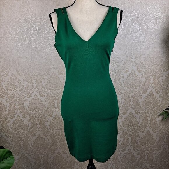 Zara Dresses & Skirts - Zara Trafaluc Size Med Green Bodycon Dress Double VNeck Zipper Decorative Detail